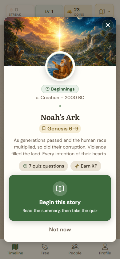 Noah's Ark story start card with Begin this story