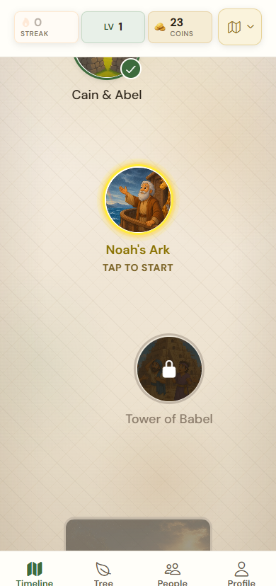 Bible Timeline path with current story highlighted and four app tabs